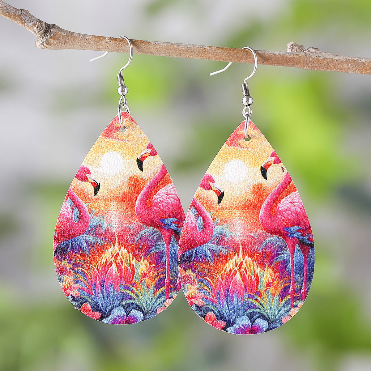 Wholesale Flamingo Double Sided Printed PU Leather Water Drop Earrings
